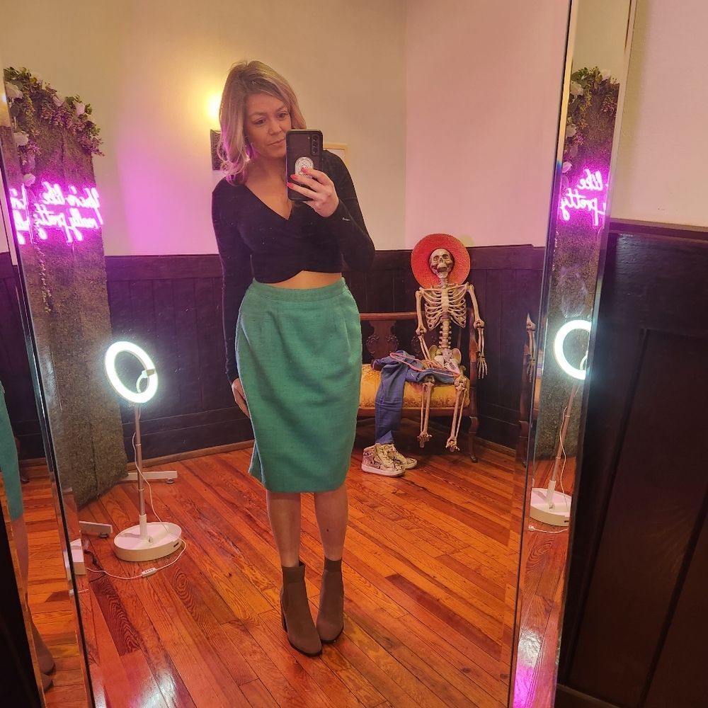 Claude‎ Vintage Elastic Waist Midi Pencil Skirt Green Size 8